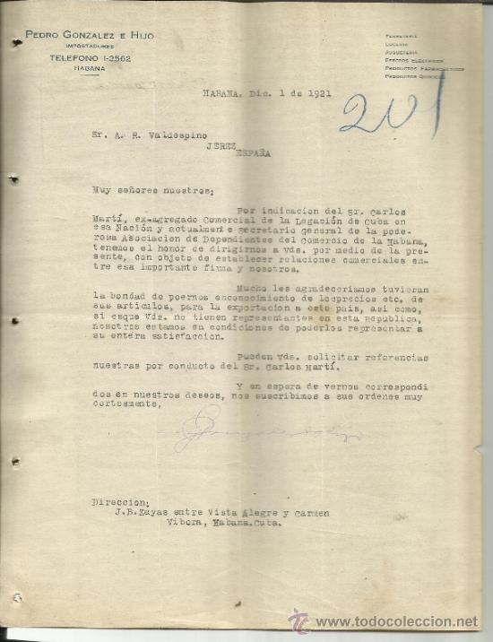 Cartas comerciais: CARTA COMERCIAL DE PEDRO GONZ&Aacute;LEZ E HIJO. IMPORTADORES. HABANA. CUBA. 1921