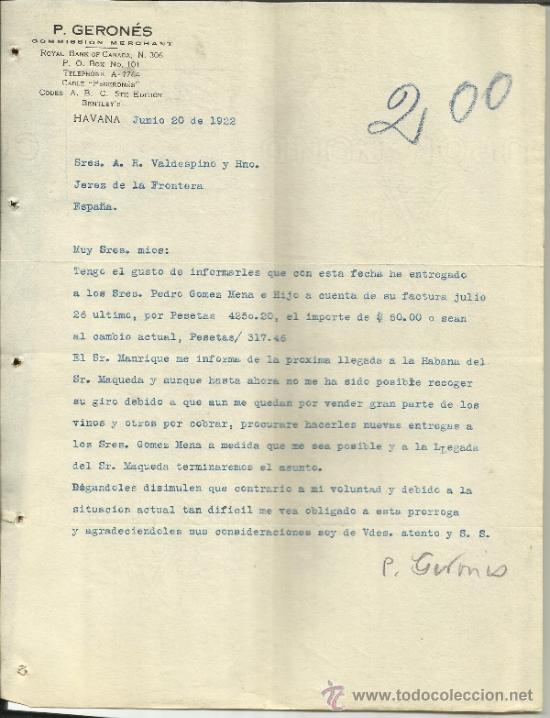 Cartas comerciais: CARTA COMERCIAL DE P. GERON&Eacute;S. COMISIONISTA. HABANA. CUBA. 1922