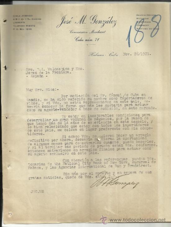 Cartas comerciais: CARTA COMERCIAL DE JOS&Eacute; M. GONZ&Aacute;LEZ. COMISIONISTA. HABANA. CUBA. 1921
