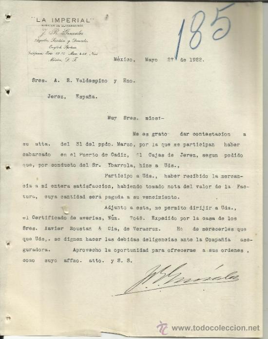 Cartas comerciais: CARTA COMERCIAL DE LA IMPERIAL. J.R. GONZ&Aacute;LEZ. ALMAC&Eacute;N DE ULTRAMARINOS. M&Eacute;XICO (M&Eacute;XICO). 1922