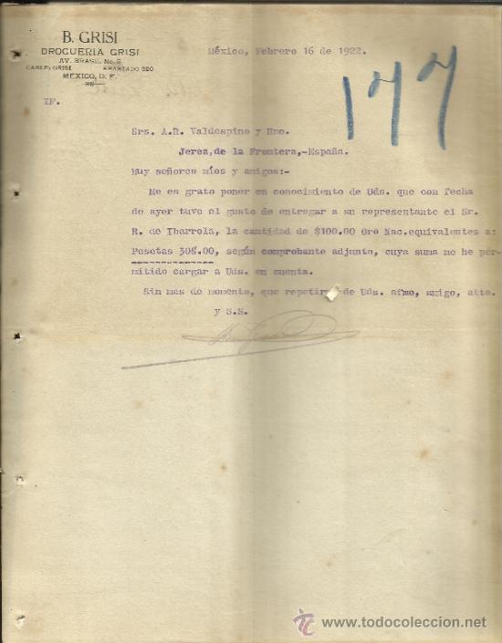 Cartas comerciais: CARTA COMERCIAL DE B. GRISI. DROGUERIA GRISI. M&Eacute;XICO (M&Eacute;XICO). 1922