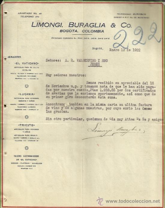 Cartas comerciais: CARTA COMERCIAL DE LIMONGI, BURAGLIA & CO. BOGOT&Aacute;. COLOMBIA. 1922