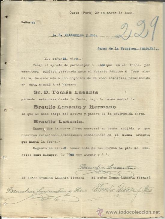 Cartas comerciais: CIRCULAR DE BRAULIO LASANTA Y HERMANO. ASOCIADO TOM&Aacute;S LASANTA. CUZCO. PER&Uacute;. 1922