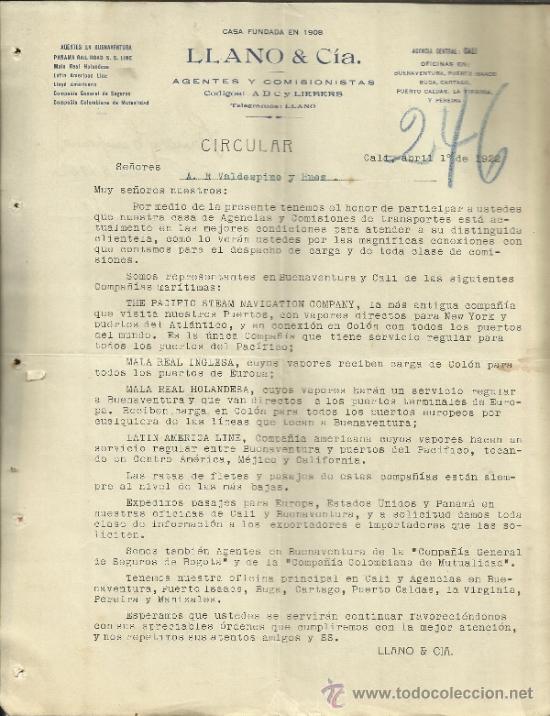 Cartas comerciais: CIRCULAR DE LLANO & CIA. AGENTES Y COMISIONISTAS. CALI. COLOMBIA. 1922