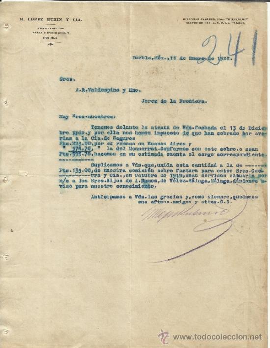 Cartas comerciais: CARTA COMERCIAL DE M. L&Oacute;PEZ RUBIN  Y CIA. PUEBLA. M&Eacute;XICO. 1922