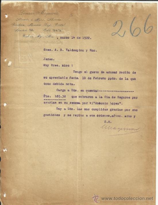 Cartas comerciais: CARTA COMERCIAL DE LORENZO MAQUIVAR. ALMAC&Eacute;N DE HIERROS, ABARROTES. PACHUCA. M&Eacute;XICO. 1922