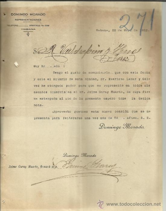 Cartas comerciais: CIRCULAR DE DOMINGO MORADO. REPRESENTACIONES. HABANA. CUBA. 1922