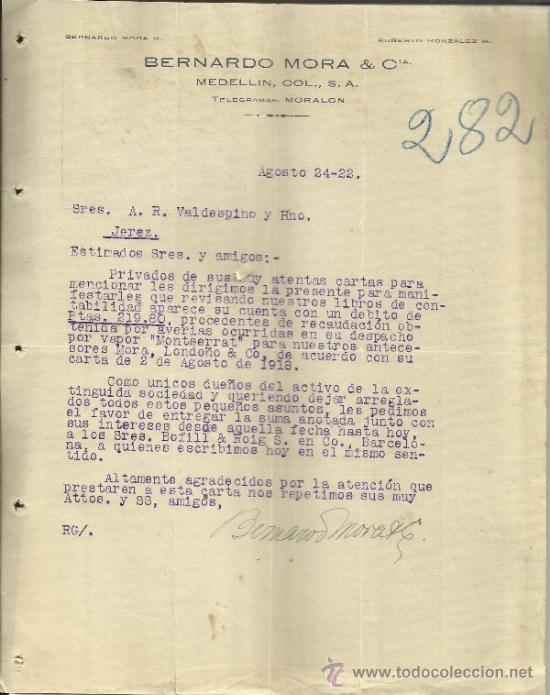 Cartas comerciais: CARTA COMERCIAL DE BERNARDO MORA & C&ordf;. MEDELL&Iacute;N. COLOMBIA. 1922