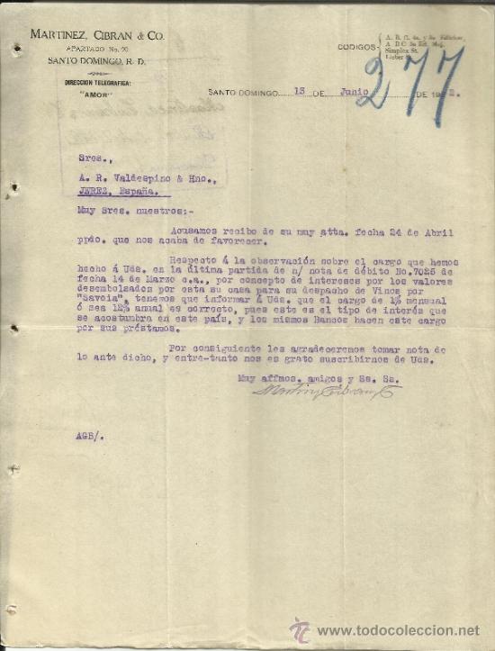 Cartas comerciais: CARTA COMERCIAL DE MART&Iacute;NEZ, CIBRAN & CO. SANTO DOMINGO. REP&Uacute;BLICA DOMINICANA. 1922