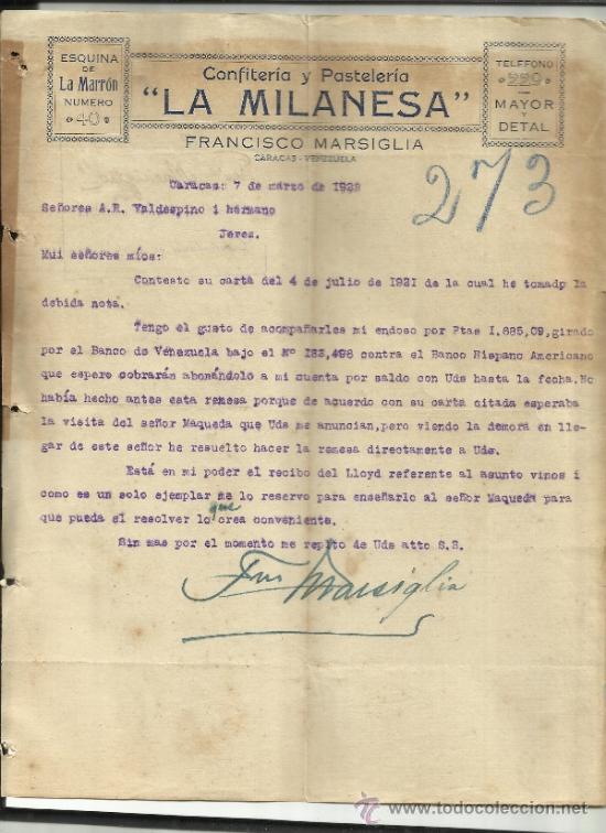 Cartas comerciais: CARTA COMERCIAL DE LA MILANESA. CONFITER&Iacute;A Y PASTELER&Iacute;A. FRANCISCO MARSIGLIA. CARACAS.VENEZUELA.1922