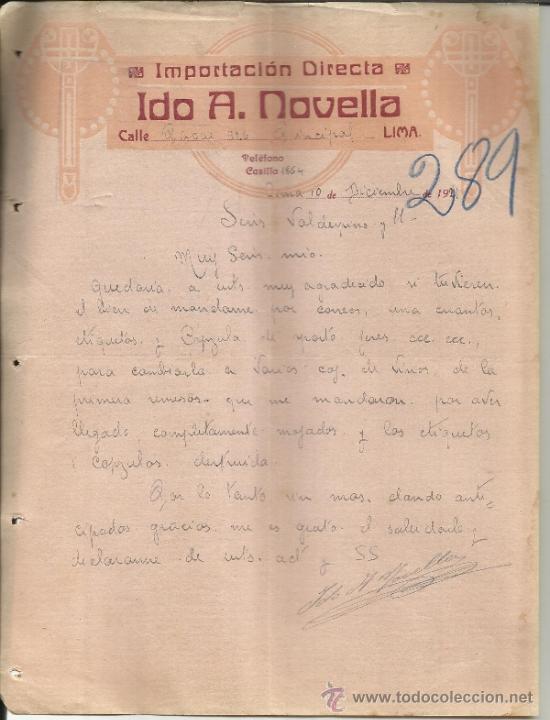 Lettres commerciales: CARTA COMERCIAL DE IDO A. NOVELLA. LIMA. PER&Uacute;. 1921