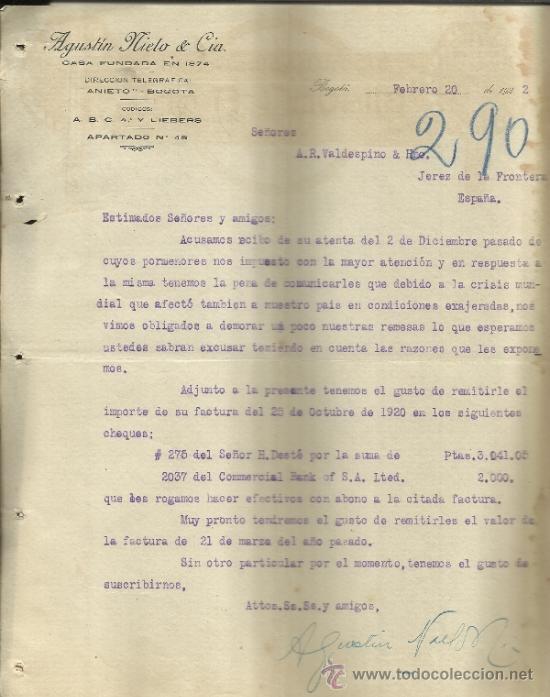 Lettres commerciales: CARTA COMERCIAL DE AGUST&Iacute;N NIETO & CIA. BOGOT&Aacute;. COLOMBIA. 1922