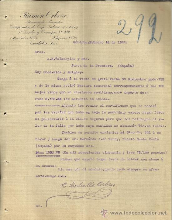 Lettres commerciales: CARTA COMERCIAL DE RAM&Oacute;N ORBEZO. ALMAC&Eacute;N DE ABARROTES. C&Oacute;RDOBA. M&Eacute;XICO.  1922