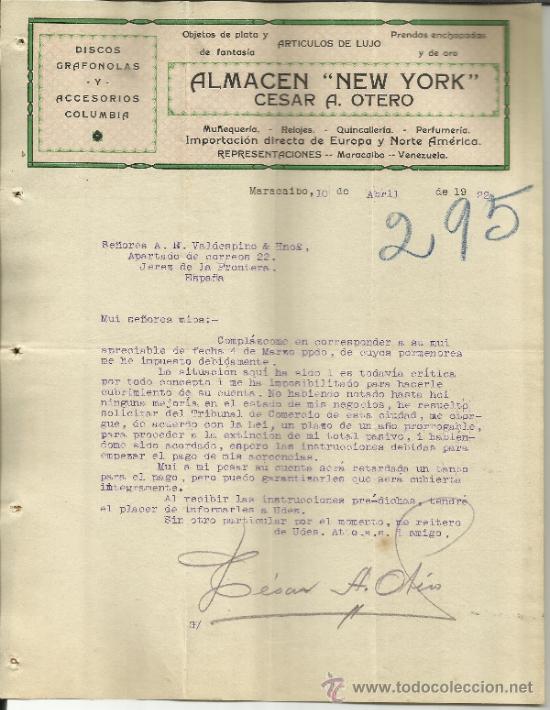 Lettres commerciales: CARTA COMERCIAL DE ALMAC&Eacute;N &rdquo;NEW YORK&rdquo; CESAR A. OTERO. ACCESORIOS COLUMBIA. MARAIBO. VENEZUELA. 1922