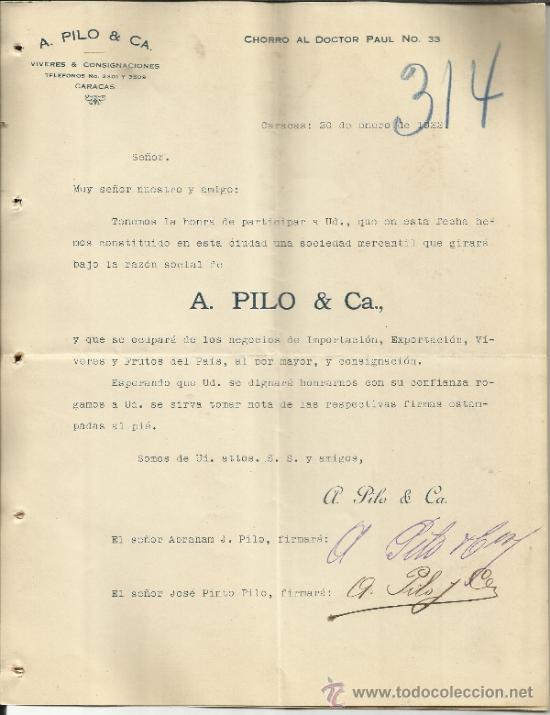 Lettres commerciales: CIRCULAR DE A. PILO & CA. V&Iacute;VERES & CONSIGNACIONES. CARACAS. VENEZUELA. 1922