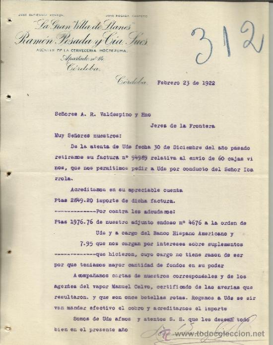 Lettres commerciales: CARTA COMERCIAL DE LA GRAN VILLA DE LLANES. RAM&Oacute;N POSADA Y CIA. SUCS. MOCTEZUMA. C&Oacute;RDOBA.M&Eacute;XICO.1922