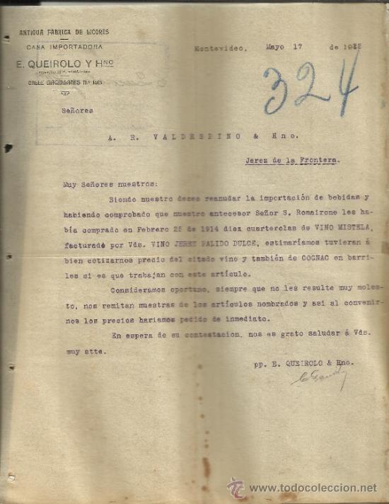 Cartas comerciais: CARTA COMERCIAL DE E. QUEIROLO Y HNO. ANTIGUA F&Aacute;BRICA DE LICORES. MONTEVIDEO. URUGUAY. 1922