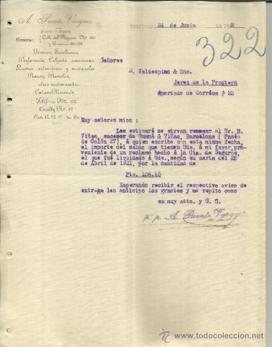 Cartas comerciais: CARTA COMERCIAL DE A. PUENTE V&Aacute;SQUEZ. G&Eacute;NEROS. SOMBREROS. PER&Uacute;. COLOMBIA. 1922