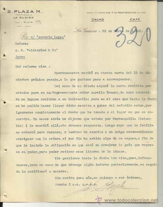 Cartas comerciais: CARTA COMERCIAL DE S. PLAZA M. COMISIONISTA LA GUAIRA. CACAO. CAF&Eacute;. LA GUAIRA. VENEZUELA. 1922