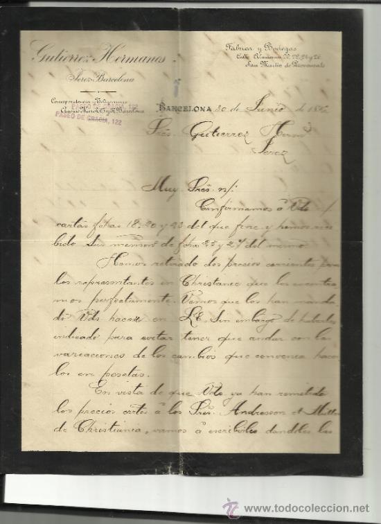 Cartas comerciais: CARTA COMERCIAL DE GUTIERREZ HERMANOS. F&Aacute;BRICA Y BODEGAS. BARCELONA. 1896