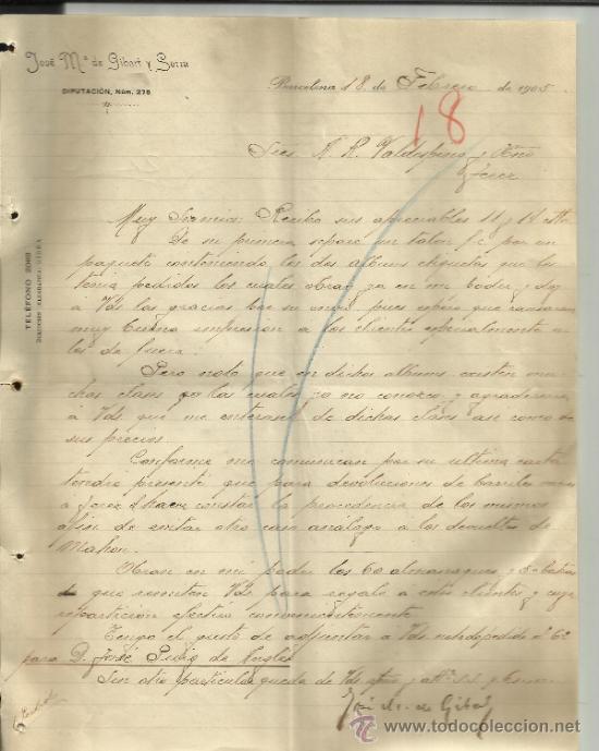 Cartas comerciais: CARTA COMERCIAL DE JOS&Eacute; M&ordf; GIBERT Y SERRA. BARCELONA. 1905