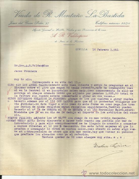 Cartas comerciais: CARTA COMERCIAL DE VIUDA DE R. MONTA&Ntilde;O LA BASTIDA. AGENTE DE A.R. VALDESPINO. SEVILLA. 1951