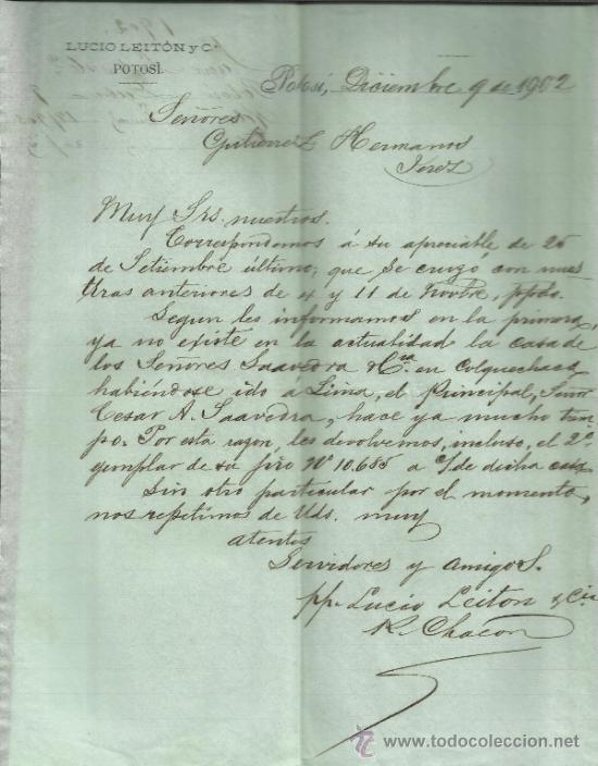 Cartas comerciais: CARTA COMERCIAL DE LUCIO LEIT&Oacute;N Y C&ordf;. POTOS&Iacute;. BOLIVIA. 1902