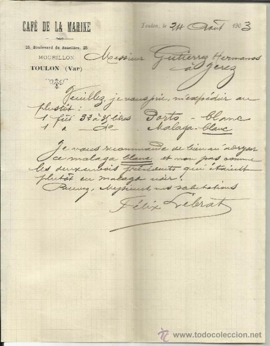 Cartas comerciais: CARTA COMERCIAL DE CAF&Eacute; DE LA MARINE. TOULON. VAR. FRANCIA. 1903