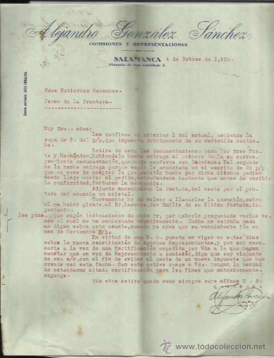 Cartas comerciais: CARTA COMERCIAL DE ALEJANDRO GONZ&Aacute;LEZ. COMISIONES Y REPRESENTACIONES. 1926