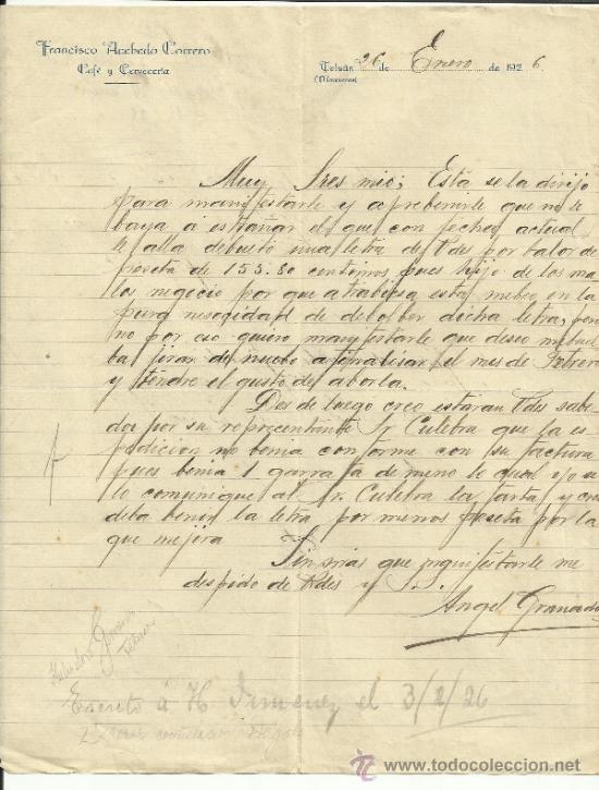 Lettere commerciali: CARTA COMERCIAL DE FRANCISCO ACEBEDO CORRERO. CAF&Eacute; Y CERVECER&Iacute;A. TETU&Aacute;N. MARRUECOS. 1926