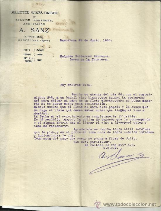Lettere commerciali: CARTA COMERCIAL DE A. SANZ. VINOS ESPA&Ntilde;OLES, PORTUGUESES E ITALIANOS. BARCELONA. 1926