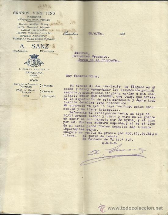 Lettere commerciali: CARTA COMERCIAL DE A. SANZ. IMPORTACI&Oacute;N Y EXPORTACI&Oacute;N. BARCELONA. 1926