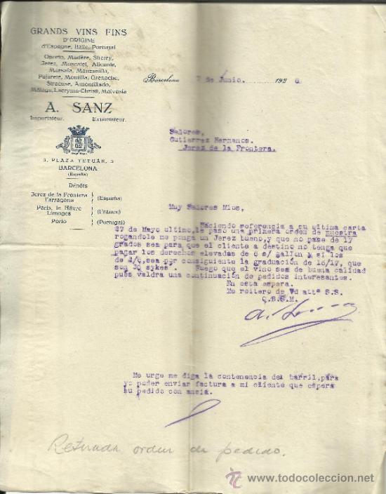 Lettere commerciali: CARTA COMERCIAL DE A. SANZ. IMPORTACI&Oacute;N Y EXPORTACI&Oacute;N. BARCELONA. 1926