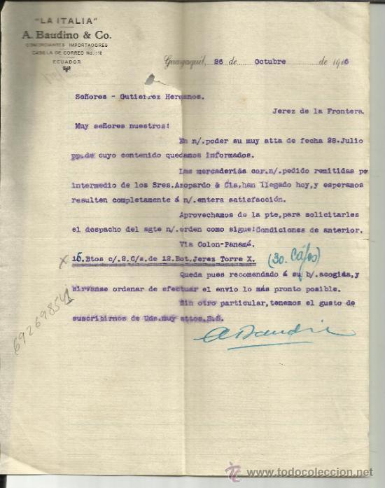 Lettres commerciales: CARTA COMERCIAL DE LA ITALIA. A. BADUINO & CO. COMERCIANTES IMPORTADORES. GUAYAQUIL. ECUADOR. 1916