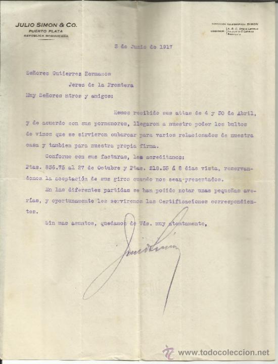 Lettere commerciali: CARTA COMERCIAL DE JULIO SIMON & CO. PUERTO PLATA. REP&Uacute;BLICA DOMINICANA. 1917