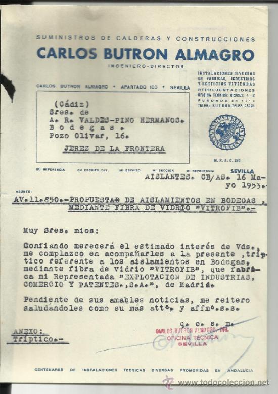 Lettere commerciali: CARTA COMERCIAL DE CARLOS BUTRON ALMAGRO. SUMINISTROS DE CALDERAS Y CONSTRUCCIONES. SEVILLA. 1953