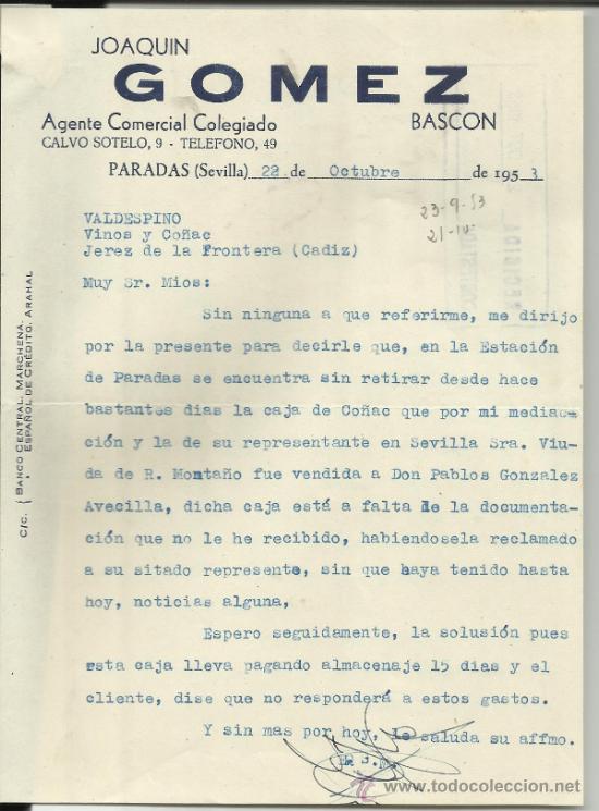 Lettere commerciali: CARTA COMERCIAL DE JOAQUIN G&Oacute;MEZ BASCON. AGENTE COMERCIAL COLEGIADO. PARADAS. SEVILLA. 1953