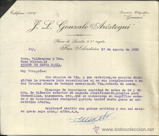 Lettere commerciali: CARTA COMERCIAL DE J.L. GONZALO AR&Oacute;STEGUI. SAN SEBASTI&Aacute;N. GUIP&Uacute;ZCOA. 1953
