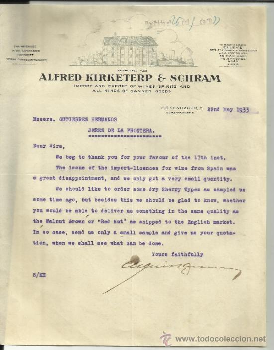 Lettere commerciali: CARTA COMERCIAL DE ALFRED KIRKETERP E SCHRAM. COPENHAGUE. DINAMARCA. 1933
