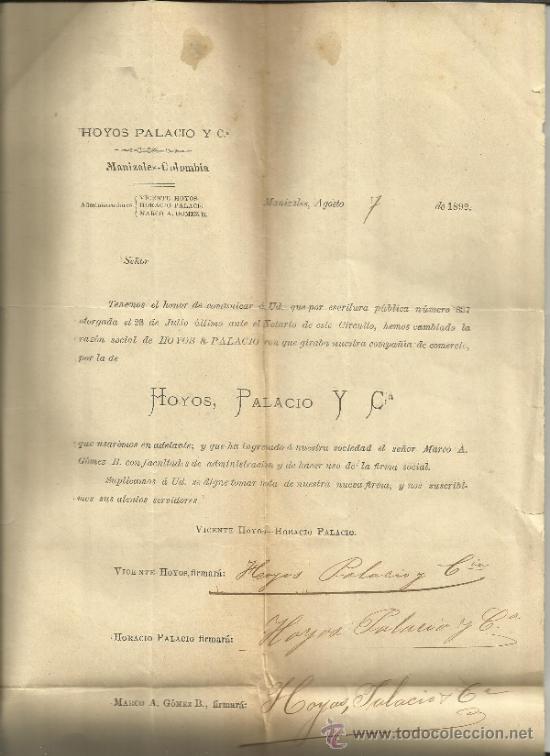 Lettere commerciali: CIRCULAR DE HOYOS, PALACIO Y C&ordf;. MANIZALES. COLOMBIA. 1892