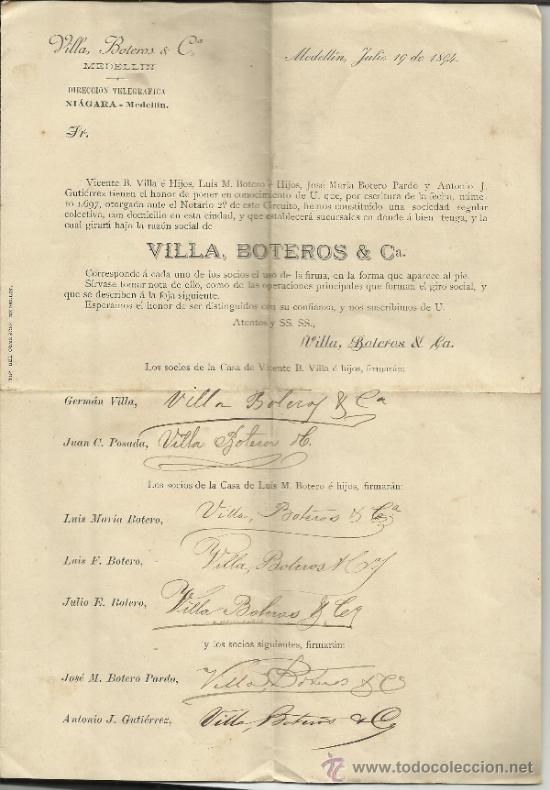 Lettere commerciali: CIRCULAR DE VILLA, BOTEROS & C&ordf;. MEDELL&Iacute;N. COLOMBIA. 1894