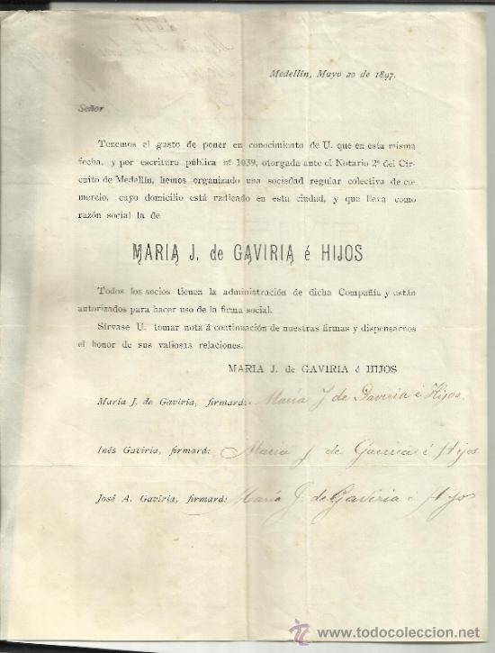 Lettere commerciali: CIRCULAR DE MARIA J. GAVIRIA E HIJOS. MEDELL&Iacute;N. COLOMBIA. 1897