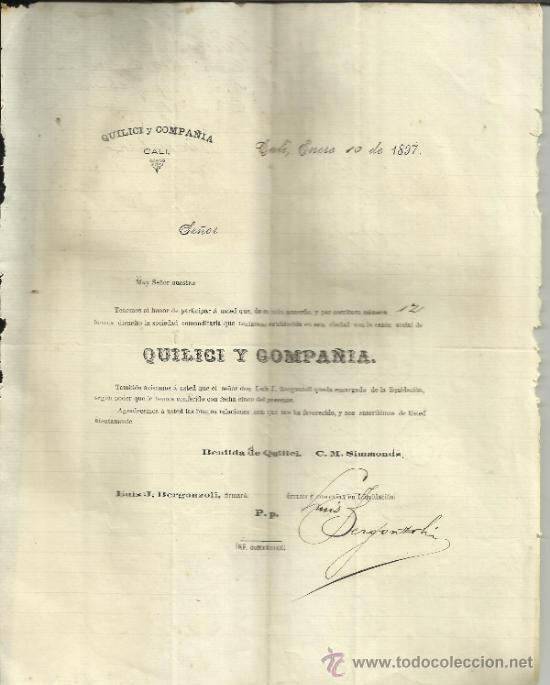 Lettere commerciali: CIRCULAR DE QUILICI Y COMPA&Ntilde;IA. BENILDA DE QUILICI. CALI. COLOMBIA. 1897