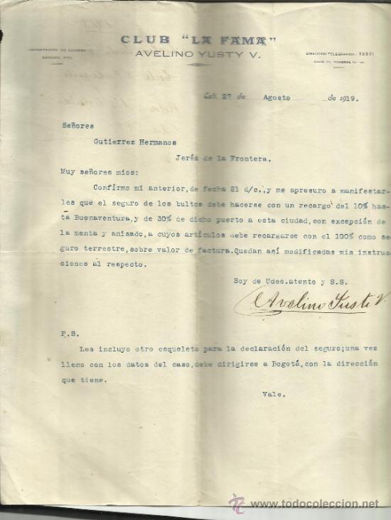 Lettere commerciali: CIRCULAR DE AVELINA YUSTY V. CLUB LA FAMA. CALI. COLOMBIA. 1919