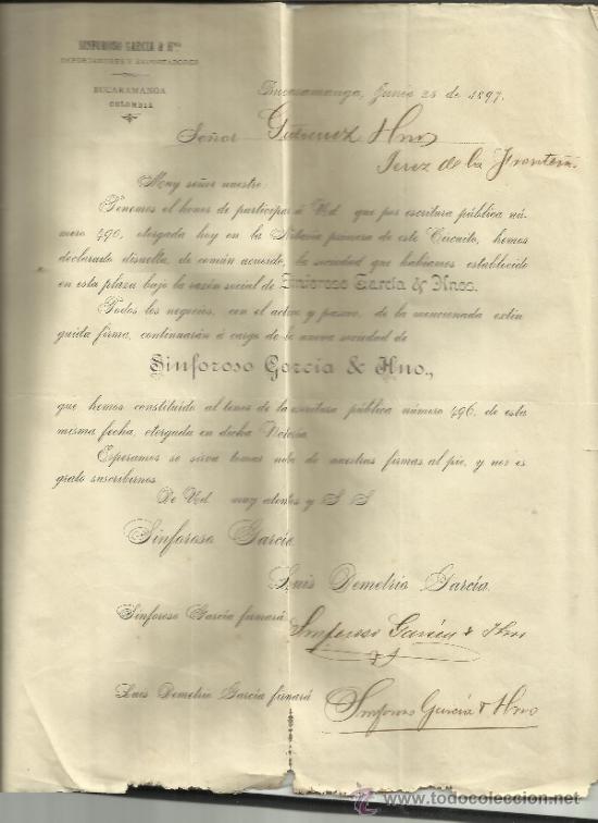 Lettere commerciali: CIRCULAR DE SINFOROSO GARC&Iacute;A & HNO. IMPORTADORES Y EXPORTADORES. BUCARAMANGA. COLOMBIA. 1897