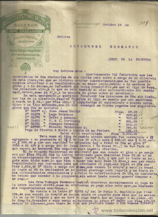 Cartas comerciales: CARTA COMERCIAL DE JOS&Eacute; CELESTINO MUTIS. KOPPEL, SCHLOSS & HARKER. BUCARAMANGA. COLOMBIA. 1917