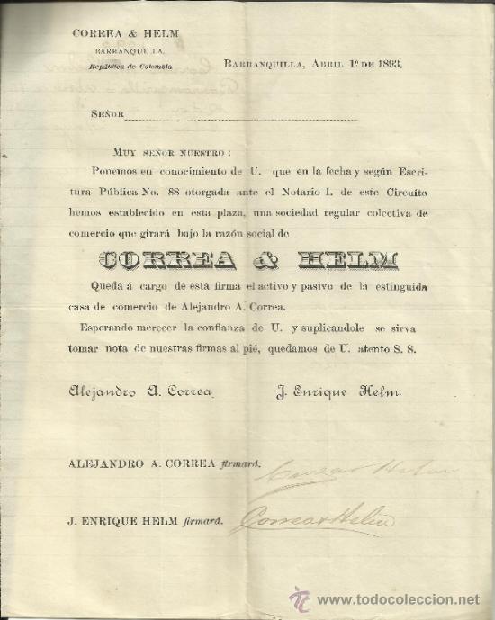Lettere commerciali: CIRCULAR DE CORREA & HELM. ALEJANDRO A. CORREA. J. ENRIQUE HELM. BARRANQUILLA. COLOMBIA. 1893