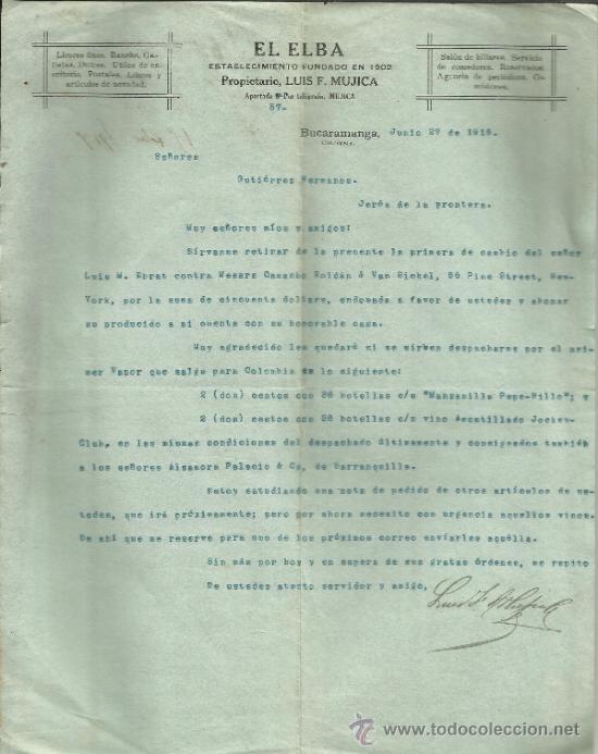 Lettere commerciali: CARTA COMERCIAL DE LUIS F. MUJICA. EL ELBA. BUCARAMANGA. COLOMBIA. 1916