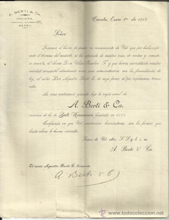 Lettere commerciali: CIRCULAR DE A. BERTI & CA. AGUST&Iacute;N BERTI. C&Uacute;CUTA. COLOMBIA. 1914