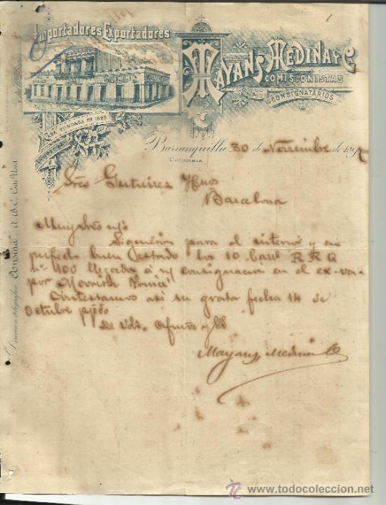 Lettere commerciali: CARTA COMERCIAL DE MAYANS MEDINA Y CIA. COMISIONISTAS. BARRANQUILLA. COLOMBIA. 1897